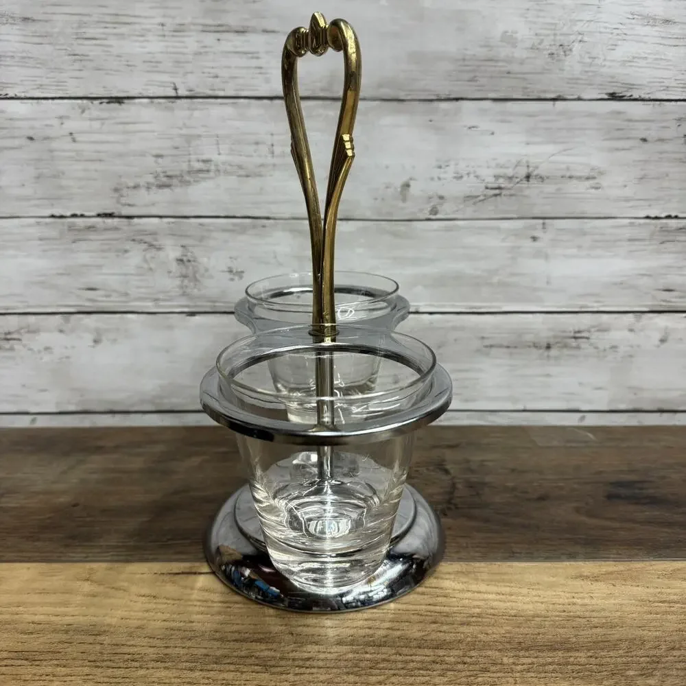 Vintage Kromex Chrome & Brass 3 Piece Condiment Caddy, Handle